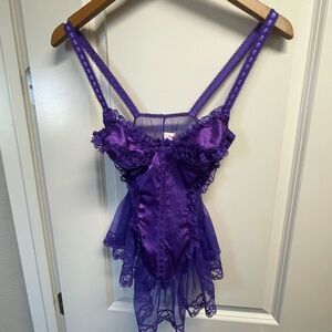NWOT VTG Alana Gale Purple Lace Ruffle French Teddy Lingerie Sissy Size Small